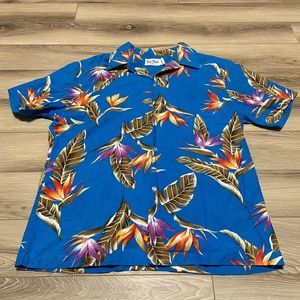 Vintage Kai Nani Hawaiian Shirt Men's L Blue Floral Cotton Made in Hawaii USA‎